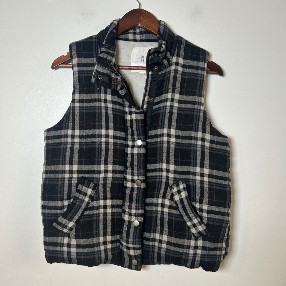 HEI HEI Women Plaid‎ Puffer Vest Mock Neck Sleeveless Zipper Snap Closure Size S